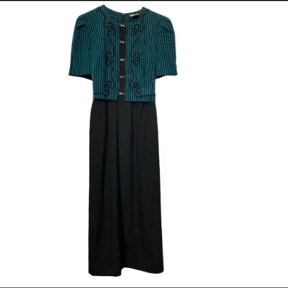 80s Miss Dorby DressTie Back Midi Black Green striped short sleeves size 10 - Picture 7 of 15